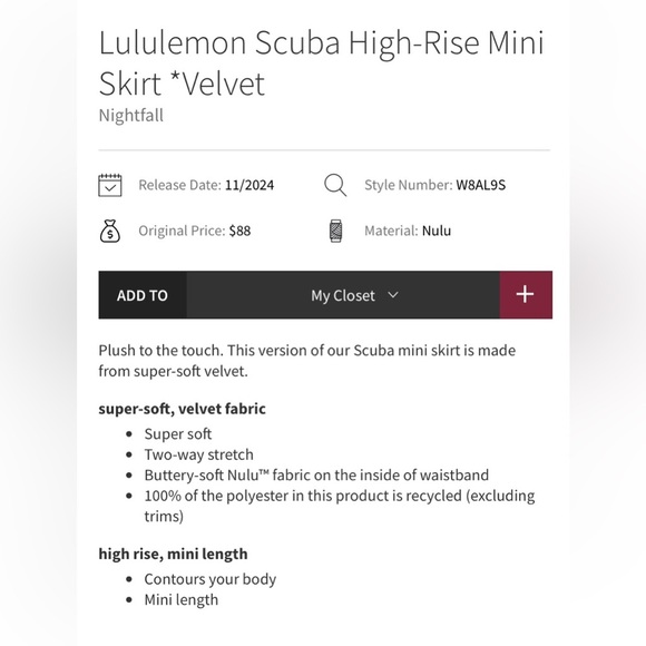 Lululemon Scuba High-Rise Mini Skirt *Velvet Nightfall *NWT Size Medium - Picture 2 of 4
